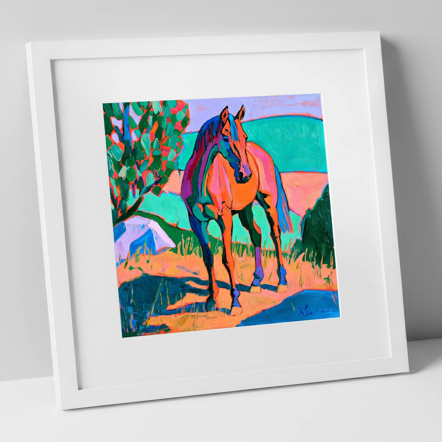 Vibrant Orange Standing Horse horse breed art print in white frame