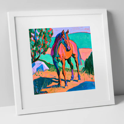 Vibrant Orange Standing Horse horse breed art print in white frame