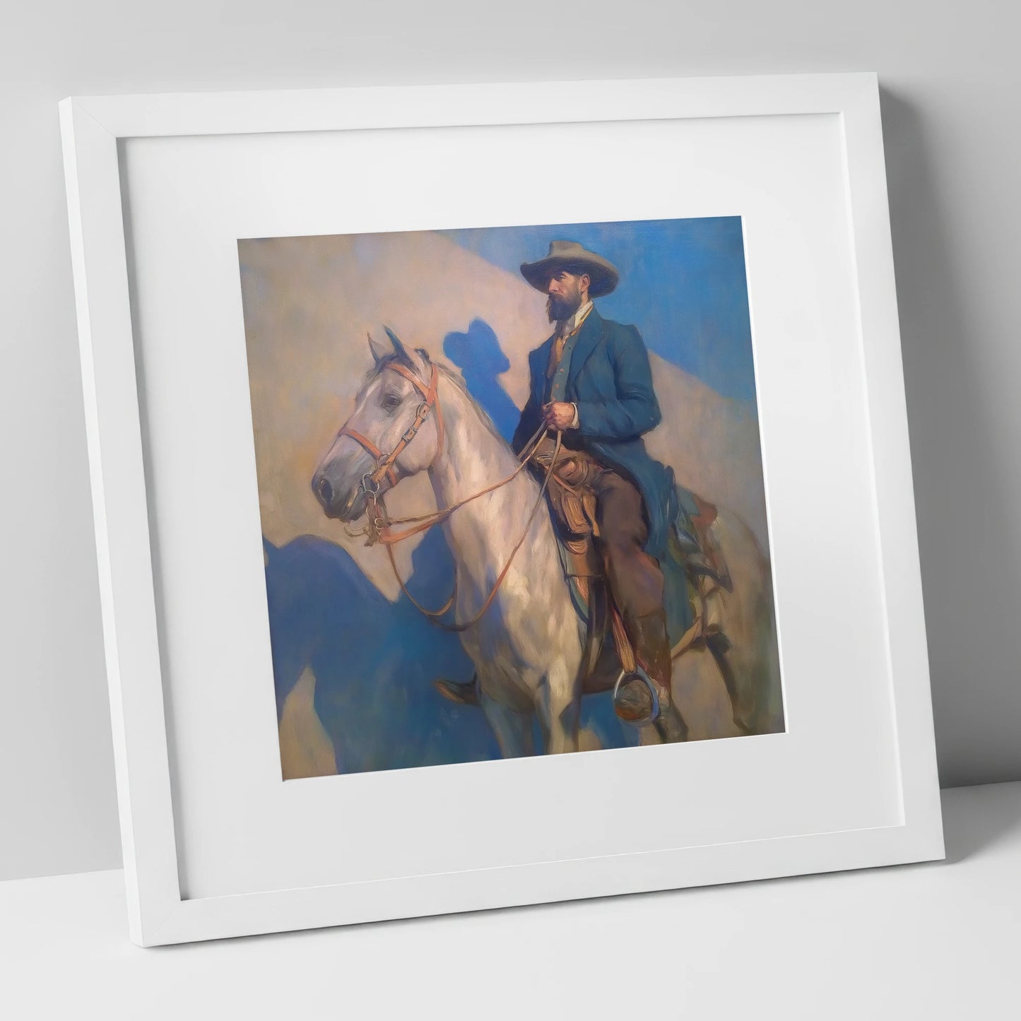The Quiet Pioneer western horse art print in white frame
