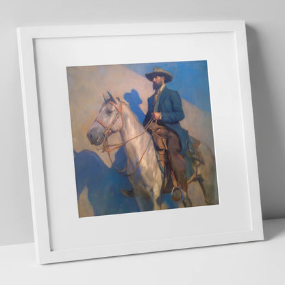 The Quiet Pioneer western horse art print in white frame
