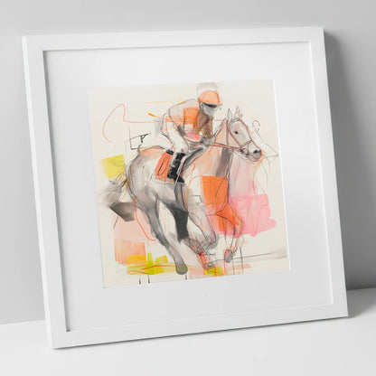 Sprint to the Wire racing horse art print in white frame