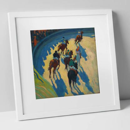 Shadows on the Bend racing horse art print in white frame