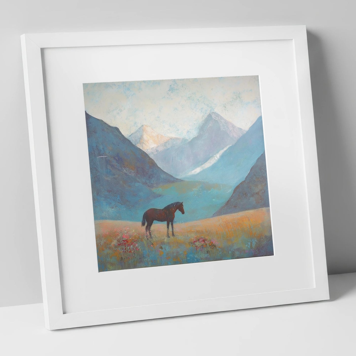Mountain Solitude horse landscape art print in white frame