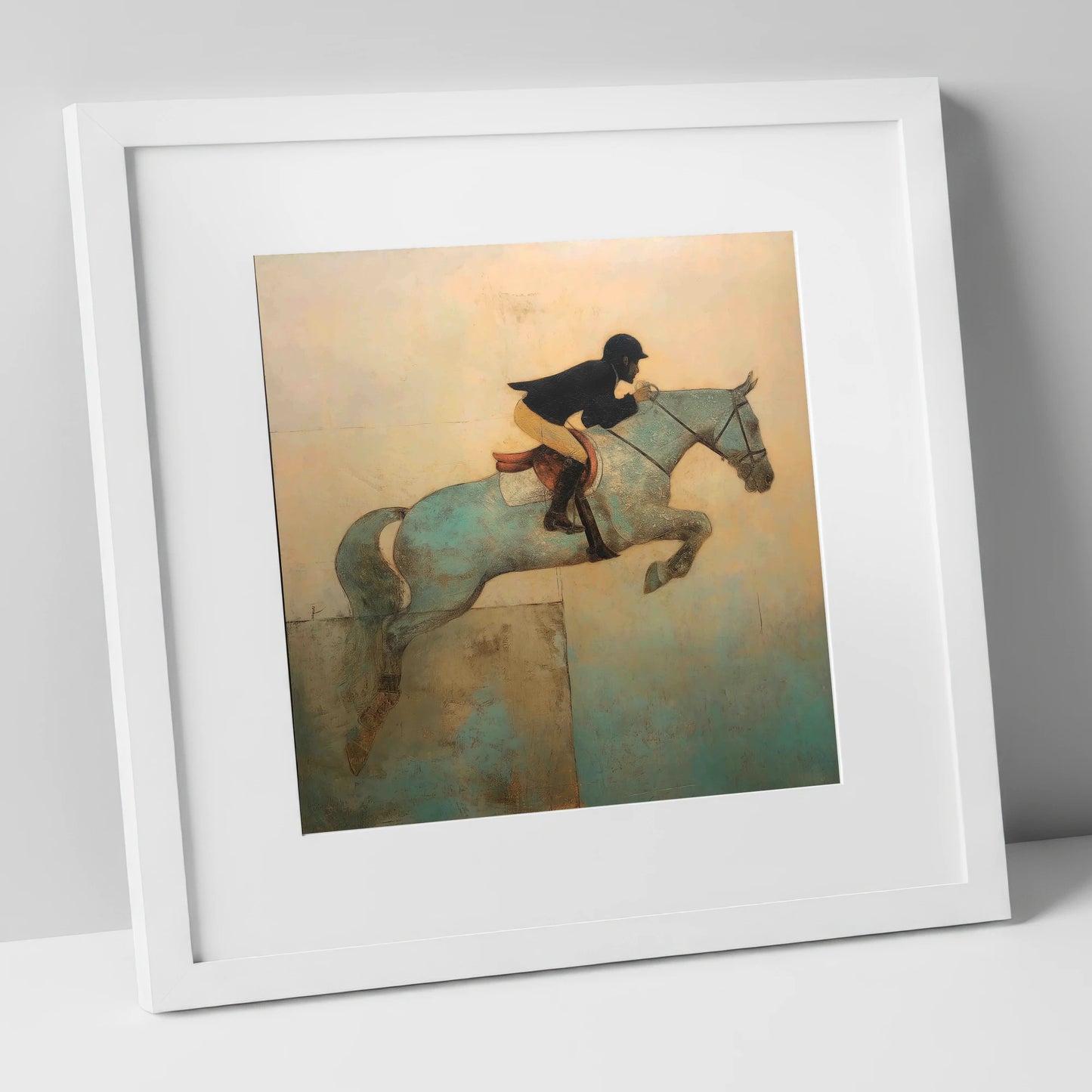 Turquoise Flight show jumping horse art print in white frame