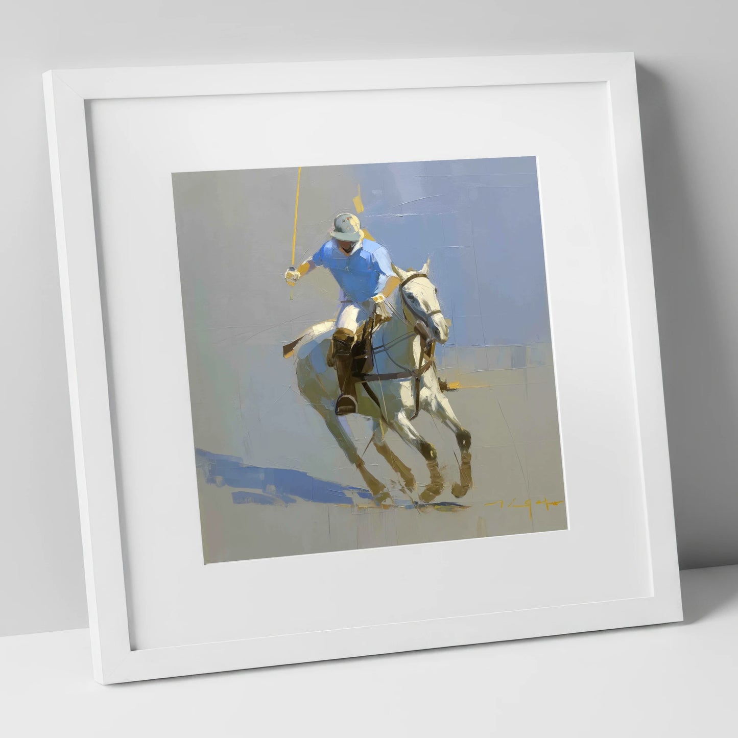 The Decisive Stroke polo horse art print in white frame