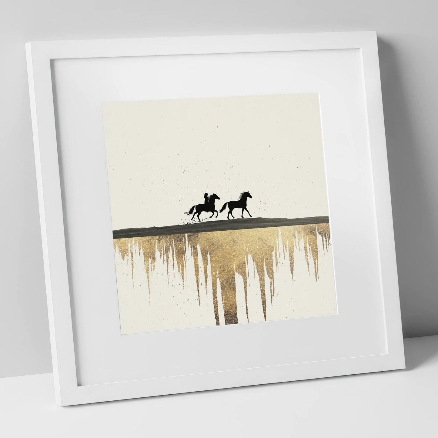Golden Horizon Silhouettes horse landscape art print in white frame