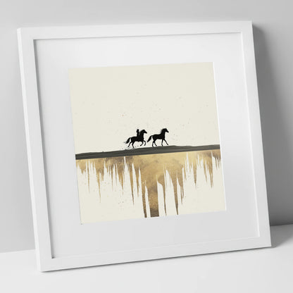 Golden Horizon Silhouettes horse landscape art print in white frame