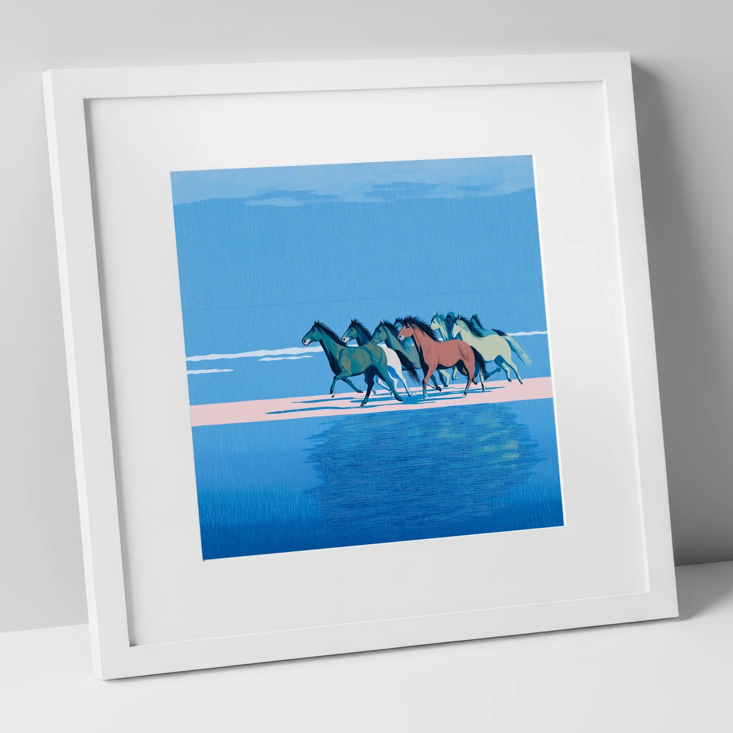 Coastal Canter wild horses art print in white frame