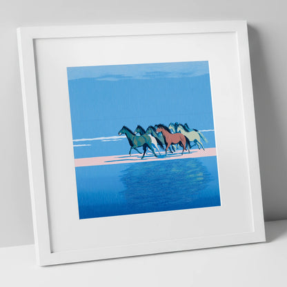 Coastal Canter wild horses art print in white frame