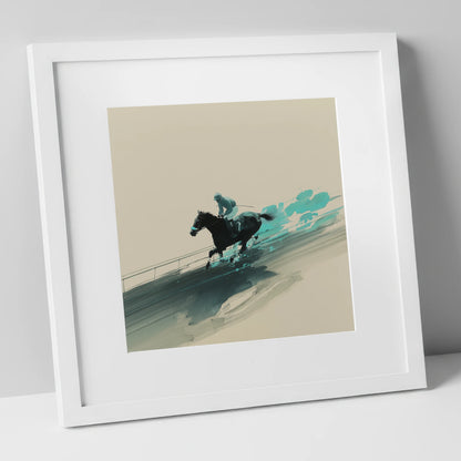 Velocity in Teal racing horse art print in white frame