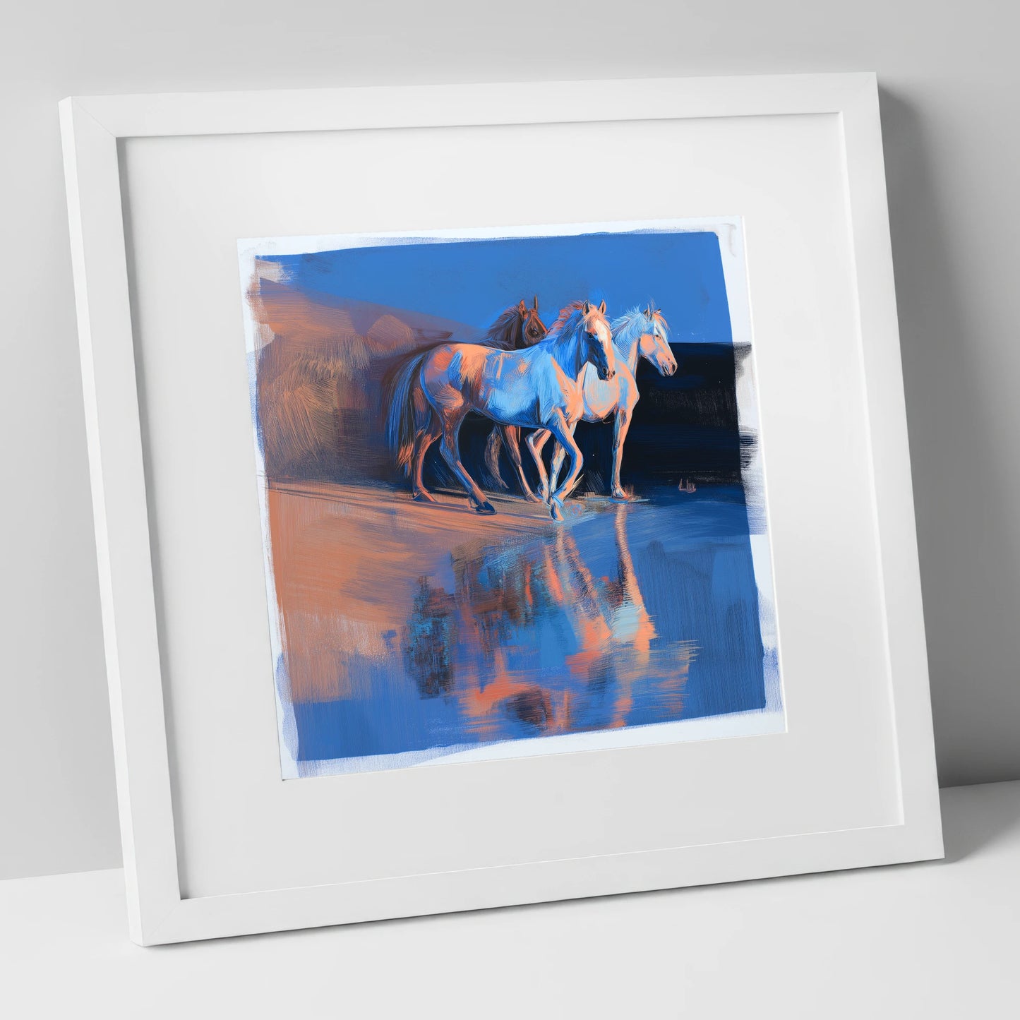 Wild Reflections at Dawn wild horses art print in white frame
