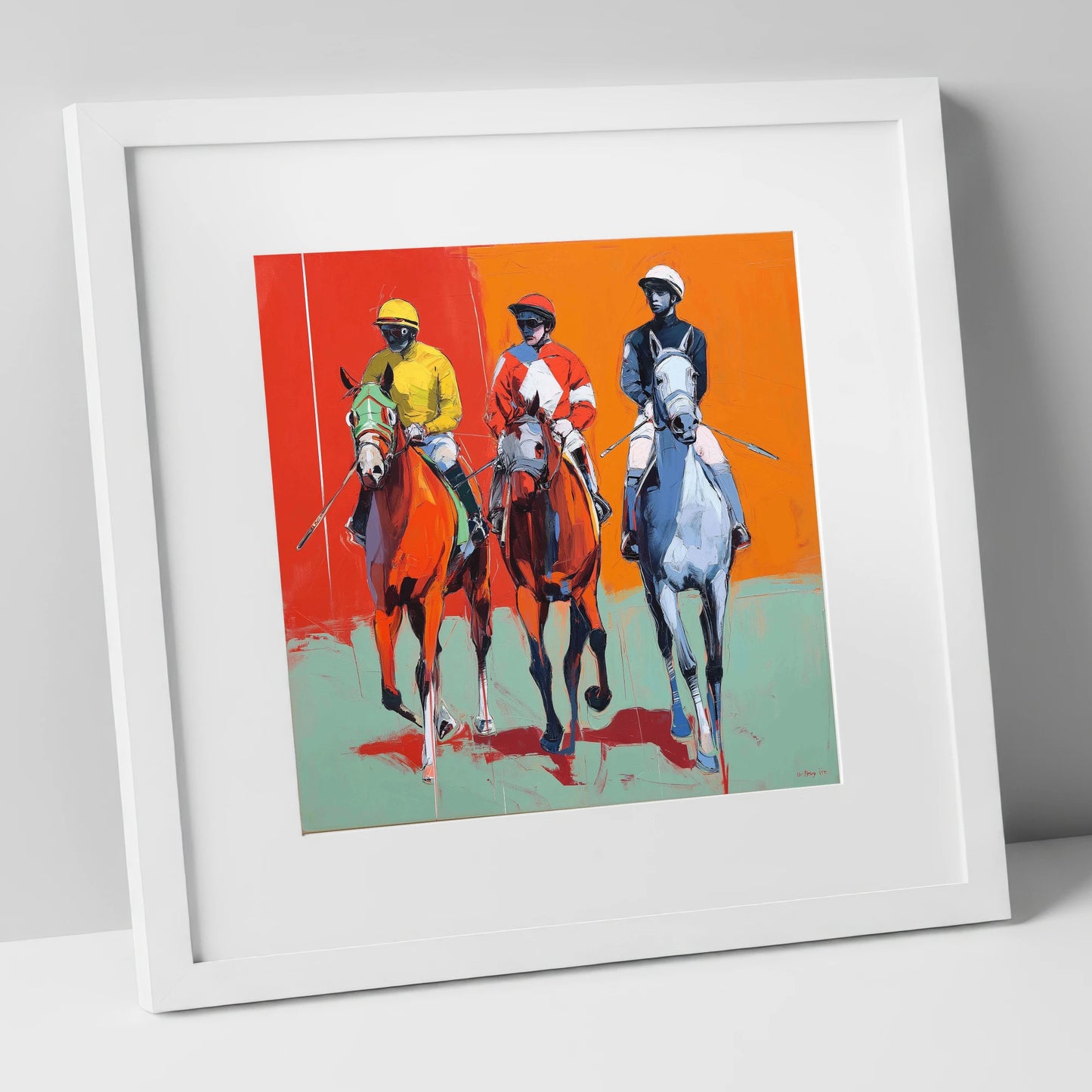 Three to the Post racing horse art print in white frame