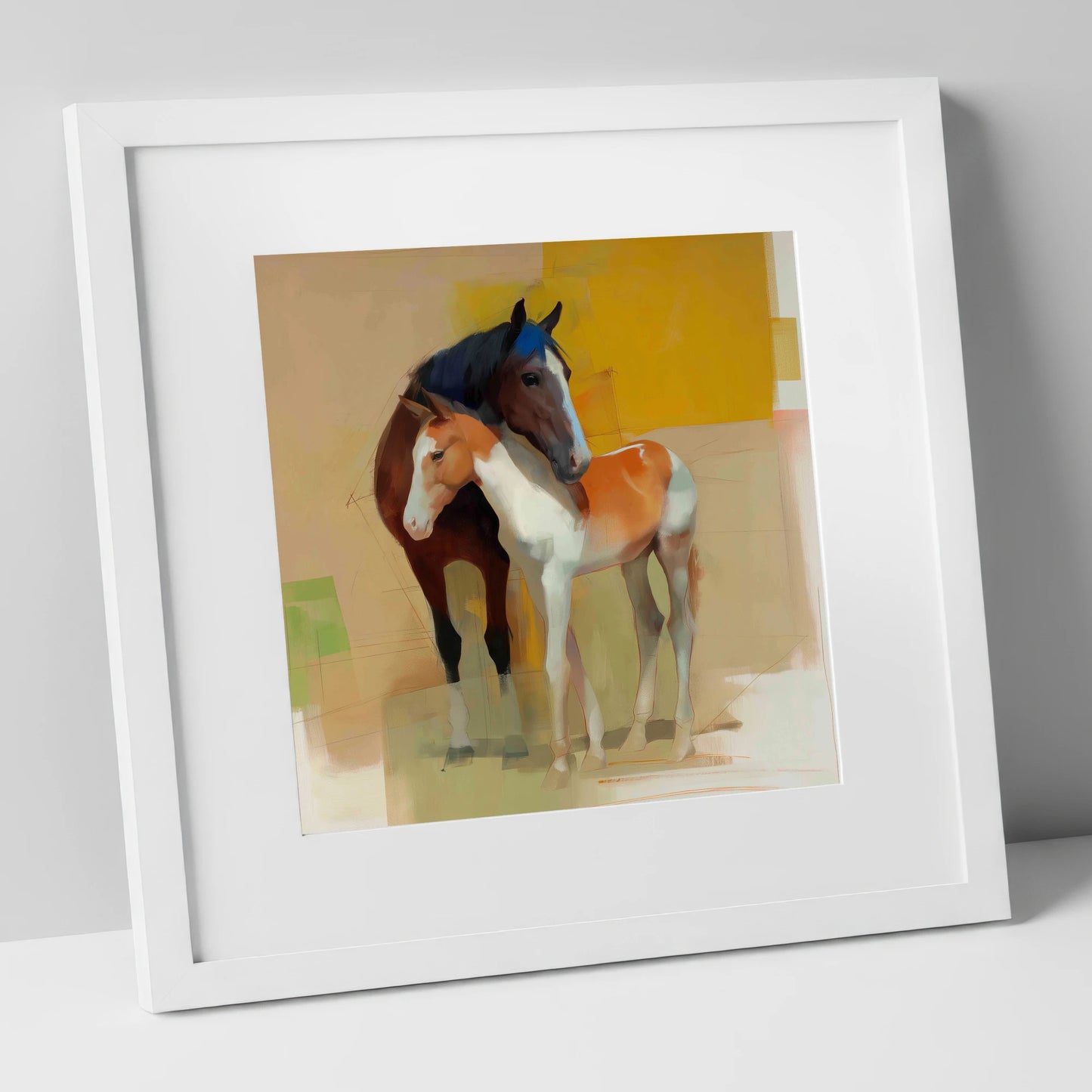 Vivid Bond mare & foal art print in white frame
