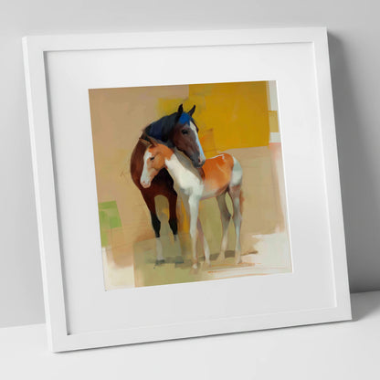 Vivid Bond mare & foal art print in white frame