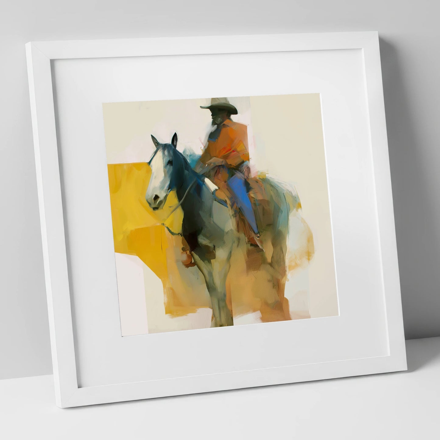 Golden Hour Cowboy western horse art print in white frame