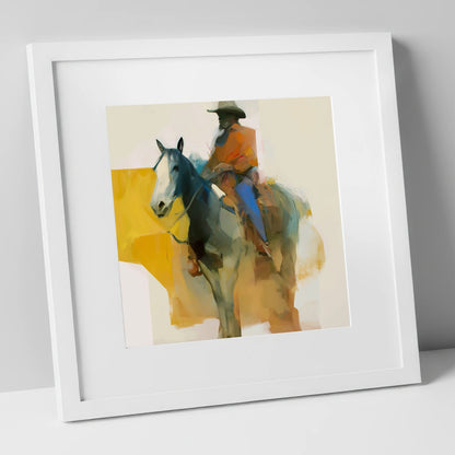 Golden Hour Cowboy western horse art print in white frame