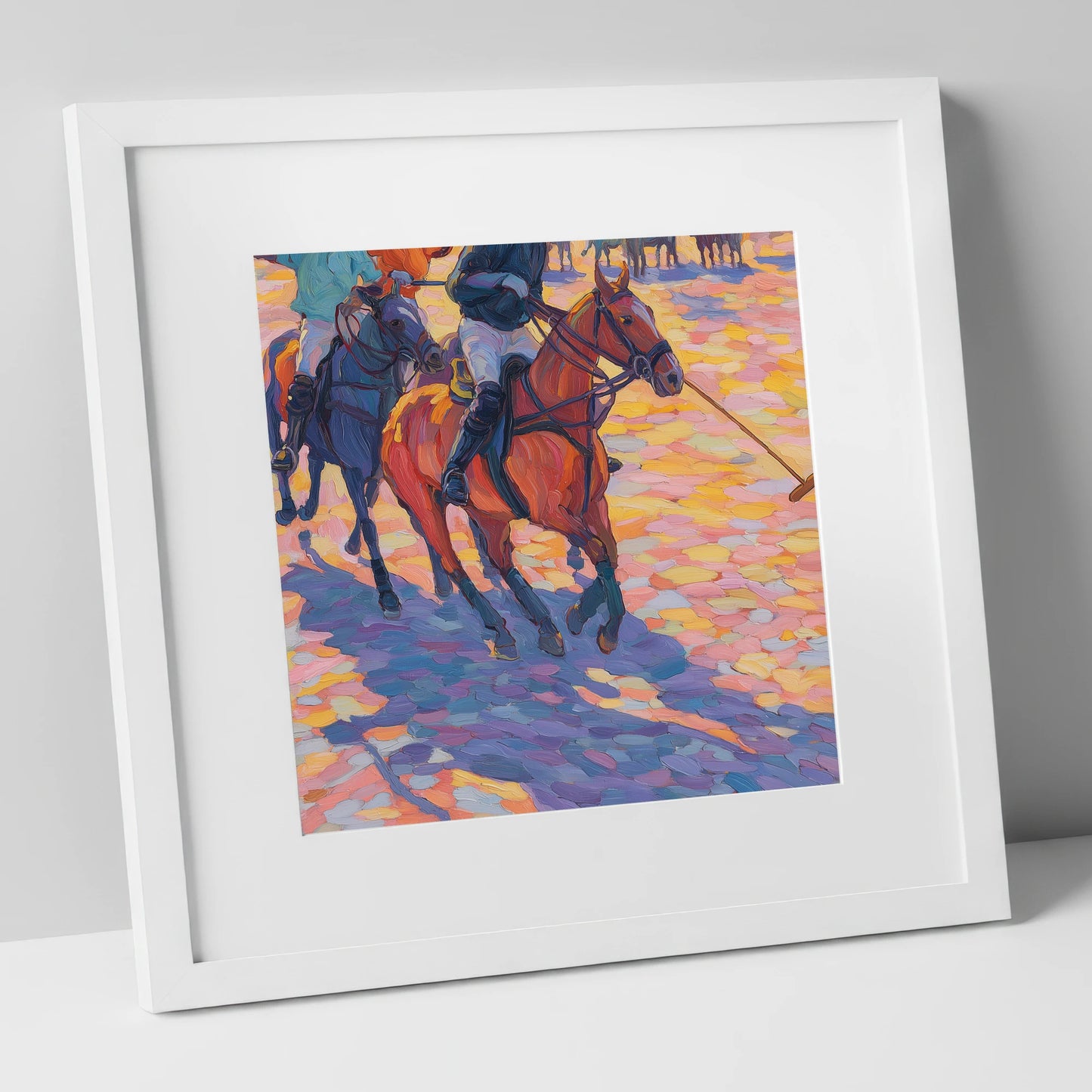 Sunset Chukka Shadows polo horse art print in white frame
