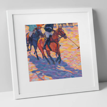 Sunset Chukka Shadows polo horse art print in white frame