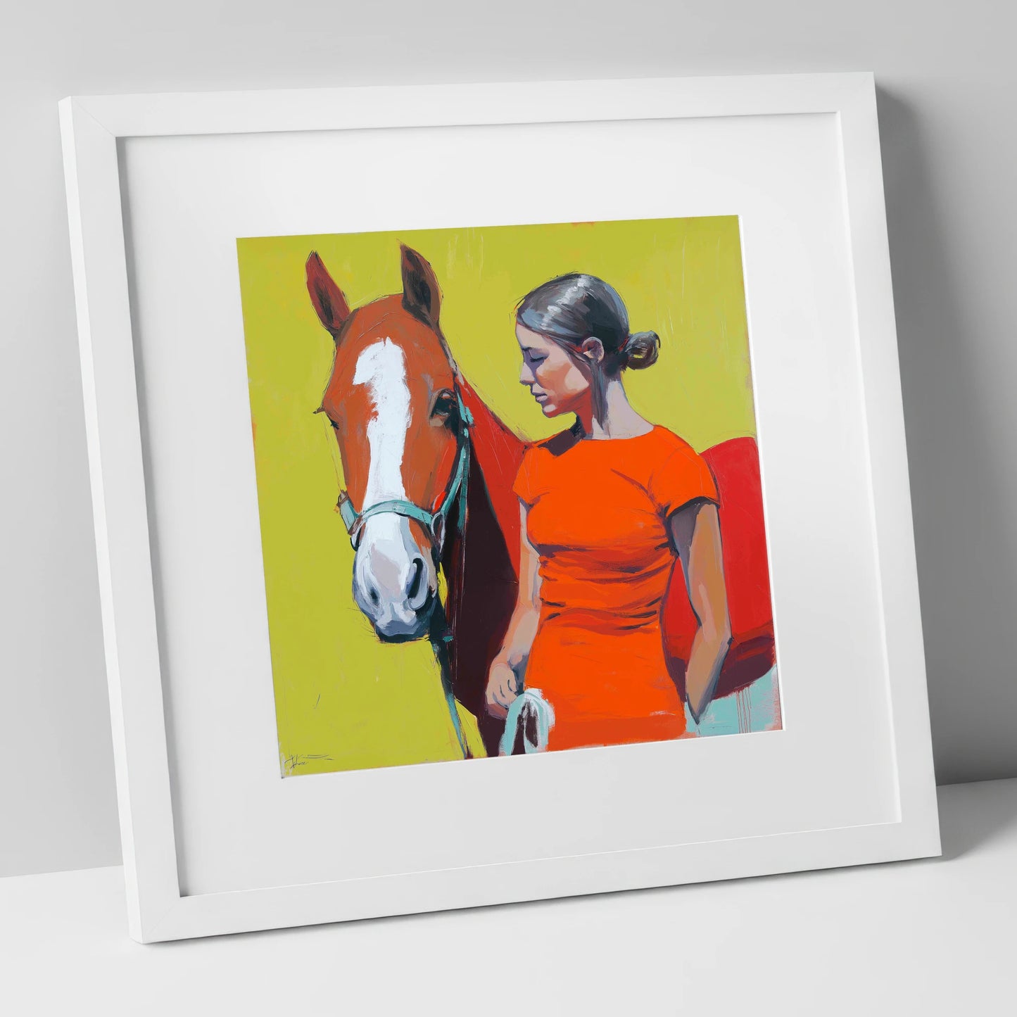 Radiant Bond horse & rider art print in white frame