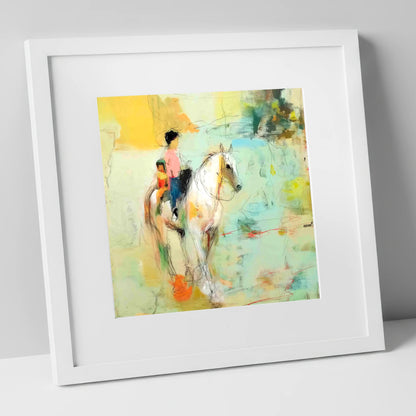The Shared Ride horse & rider art print in white frame