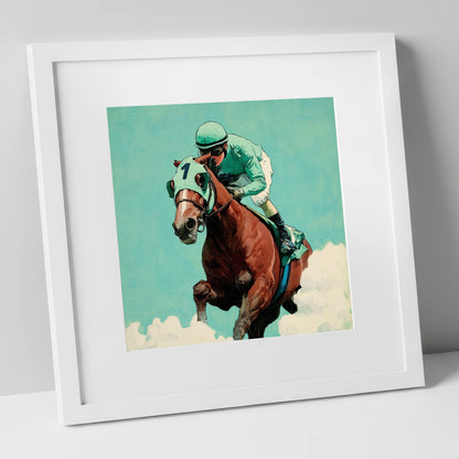 Flight of the Champion racing horse art print in white frame