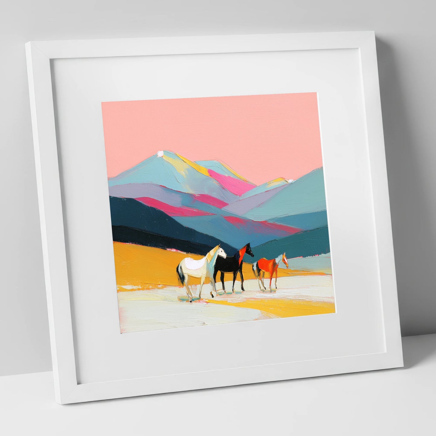 Vibrant Mountain Herd horse landscape art print in white frame