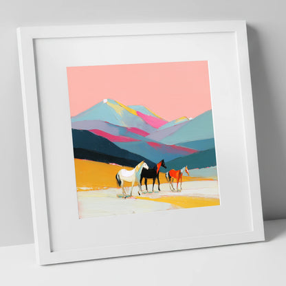 Vibrant Mountain Herd horse landscape art print in white frame