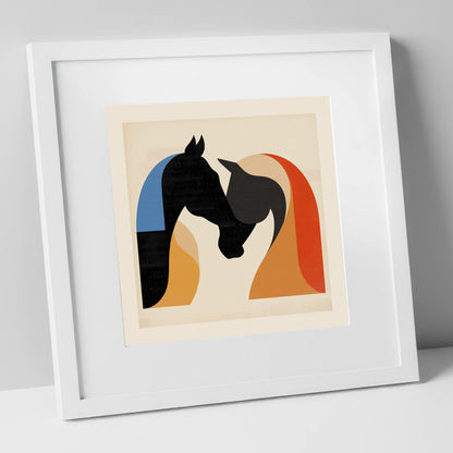 Abstract Equine Embrace horse portrait art print in white frame