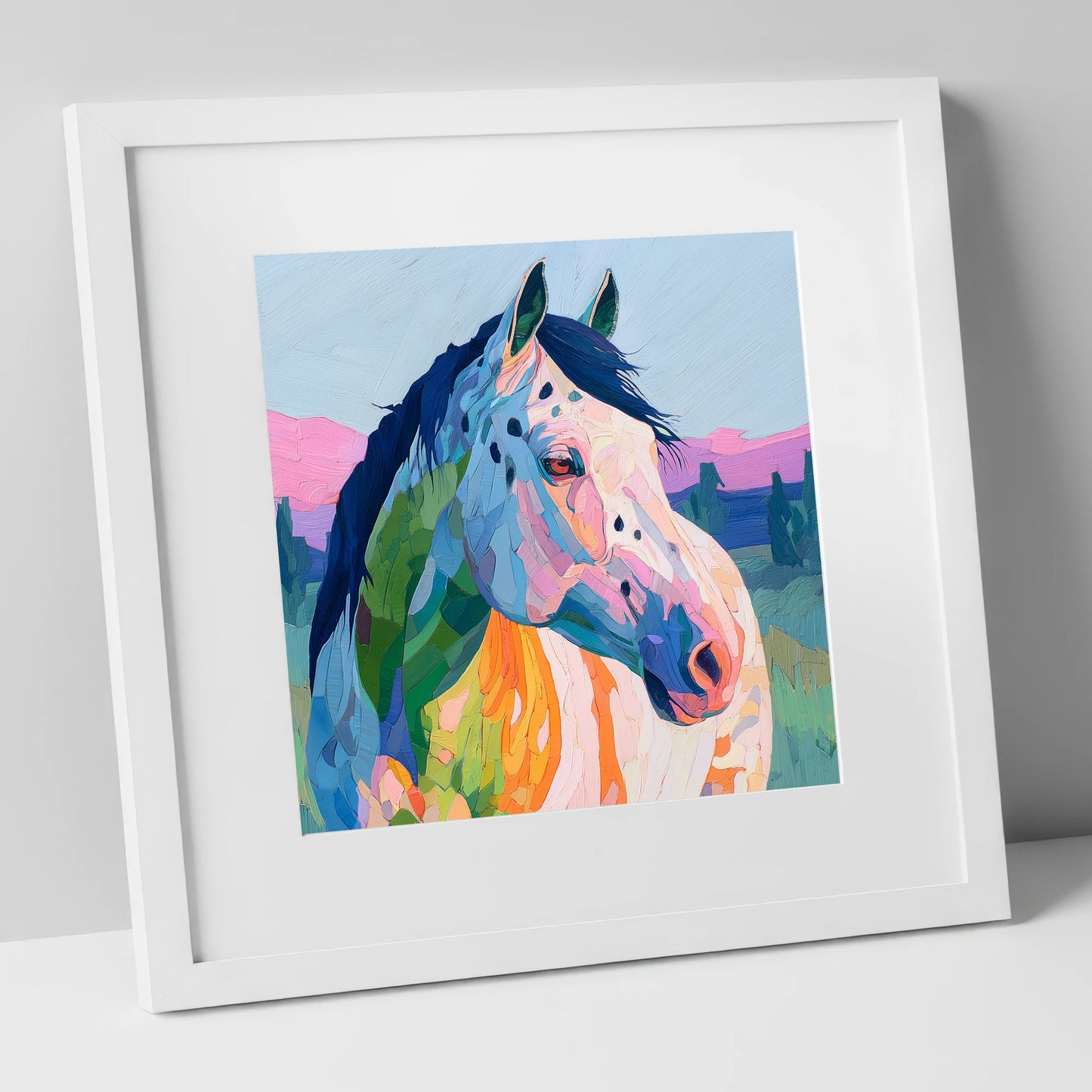 Prismatic Spirit horse breed art print in white frame