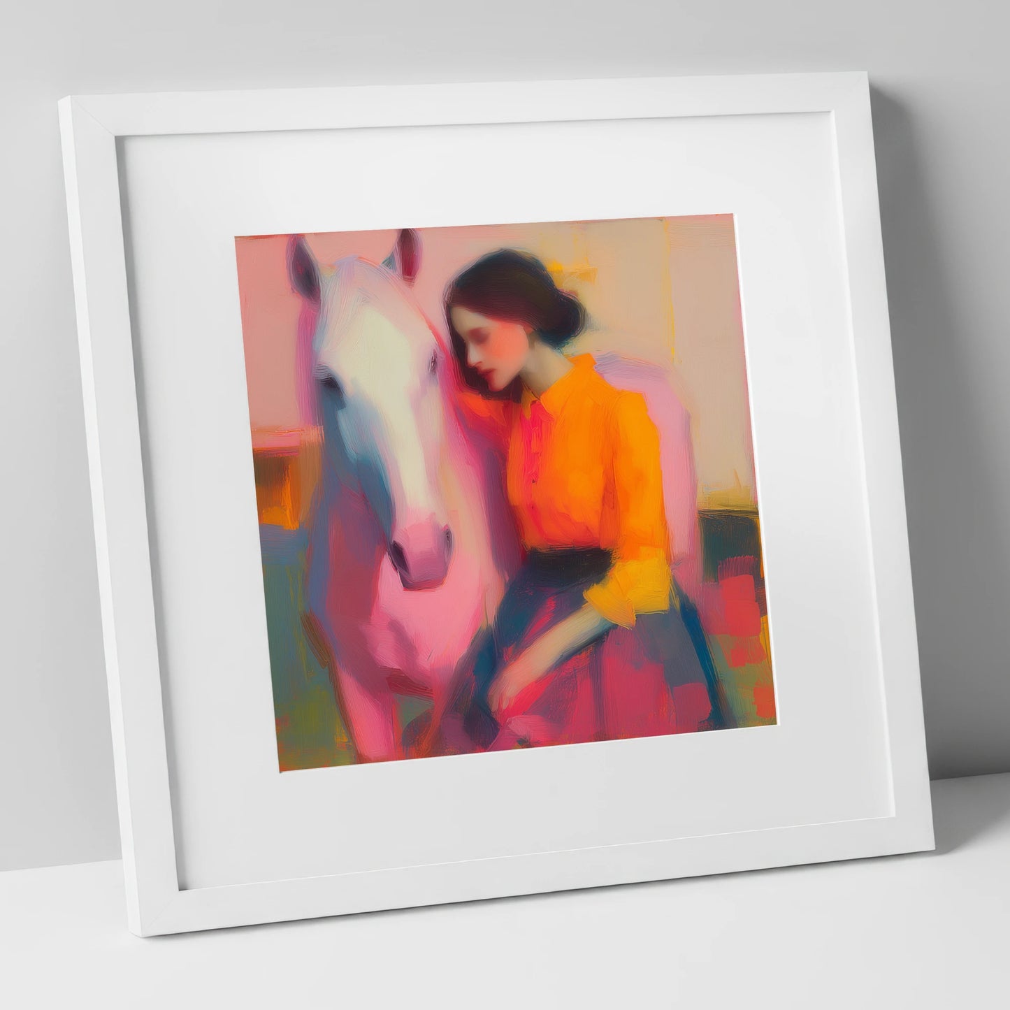 Vivid Embrace horse & rider art print in white frame