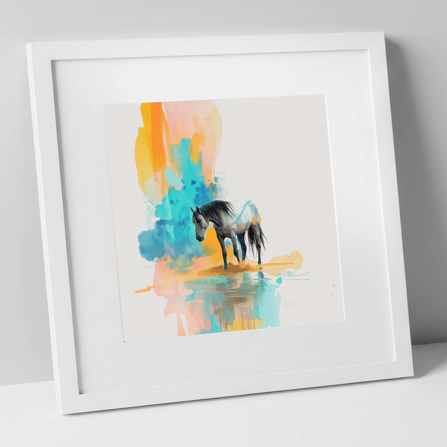 Vibrant Grey Reflection horse portrait art print in white frame