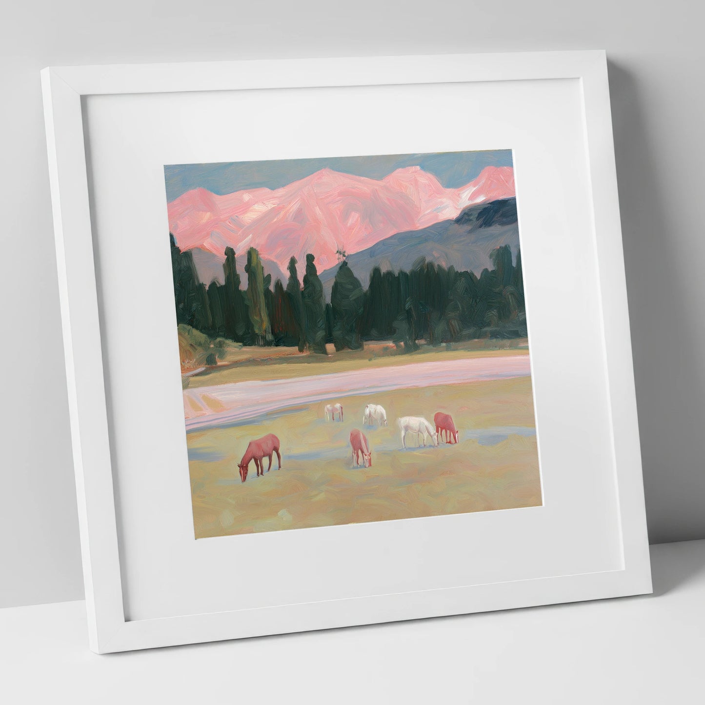 Alpenglow Pastures horse landscape art print in white frame