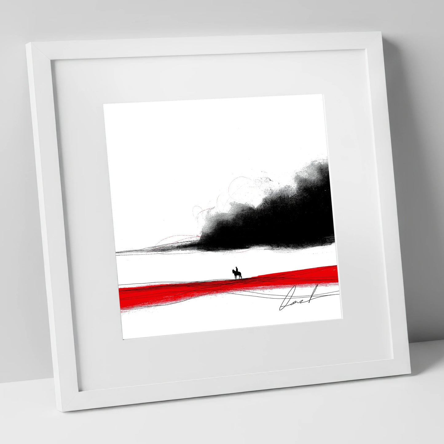 Crimson Horizon Silhouette western horse art print in white frame