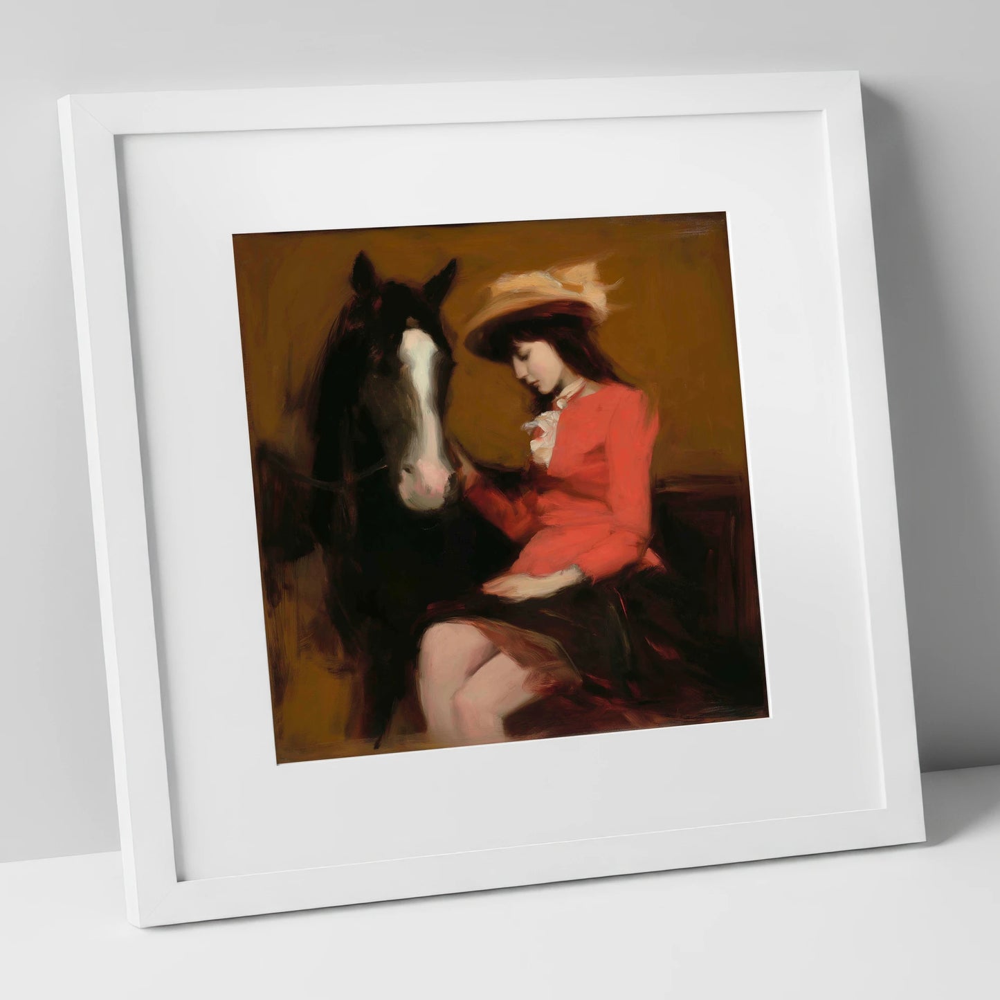A Quiet Connection horse & rider art print in white frame