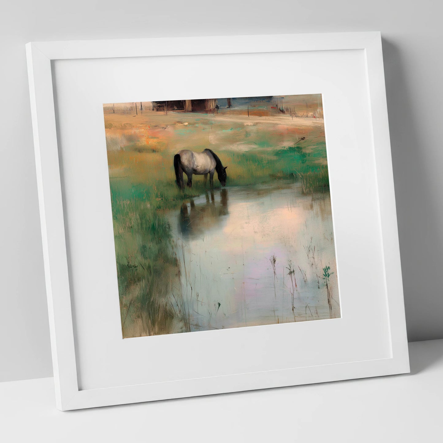 Tranquil Reflections horse landscape art print in white frame