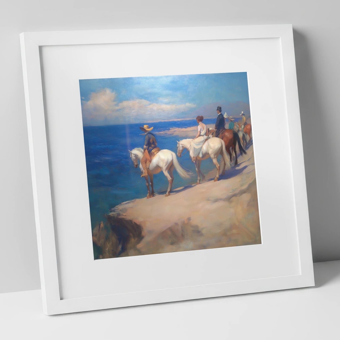 Coastal Riders Halt horse landscape art print in white frame