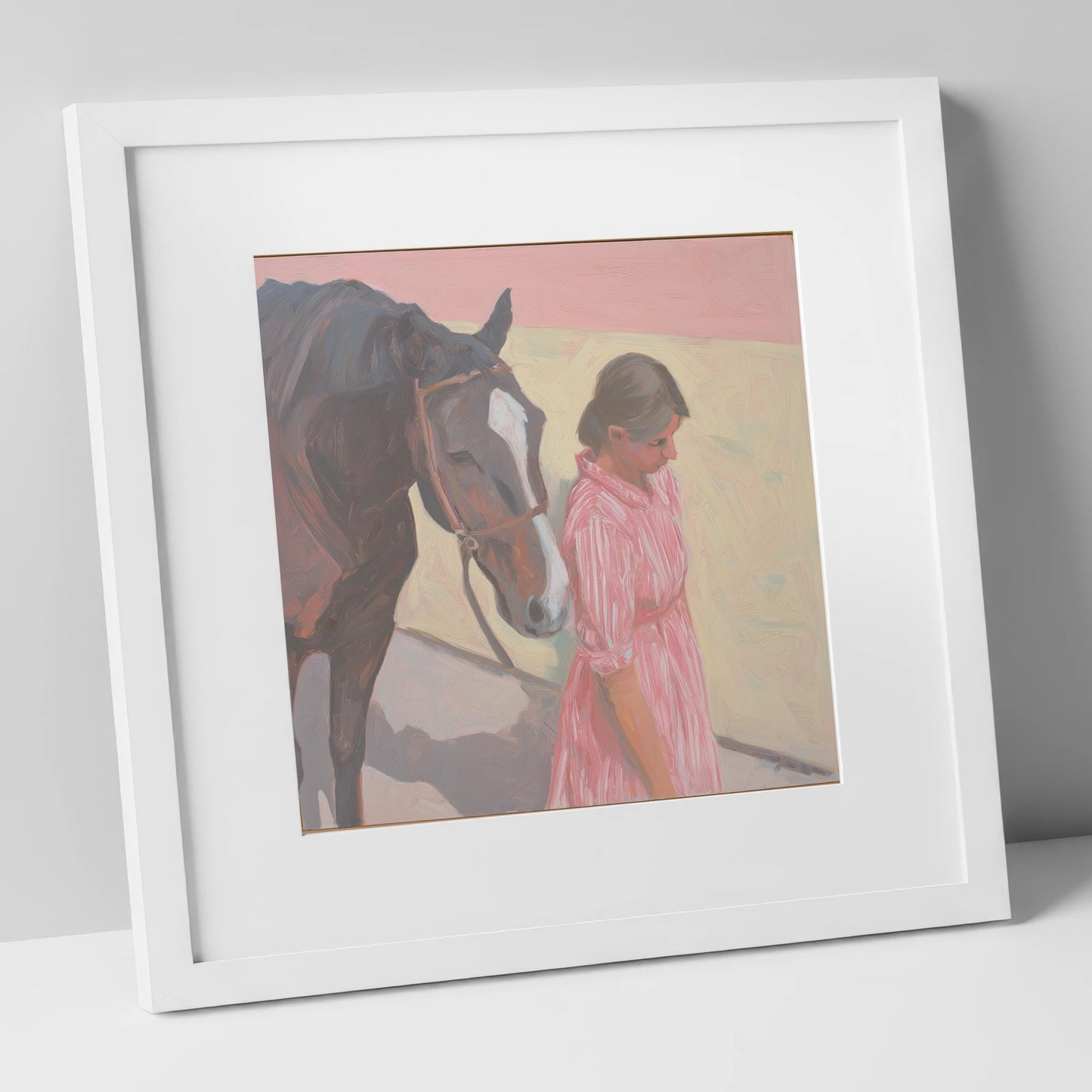 Walking in Step horse & rider art print in white frame