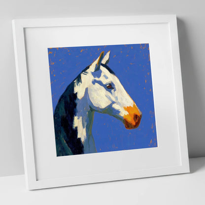 Vibrant Painted Profile horse portrait art print in white frame