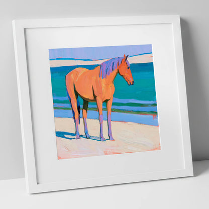 Vivid Coastal Equine horse landscape art print in white frame