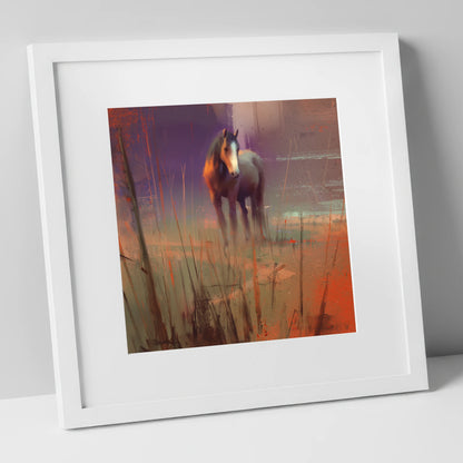 Violet Dawn Solitude horse landscape art print in white frame