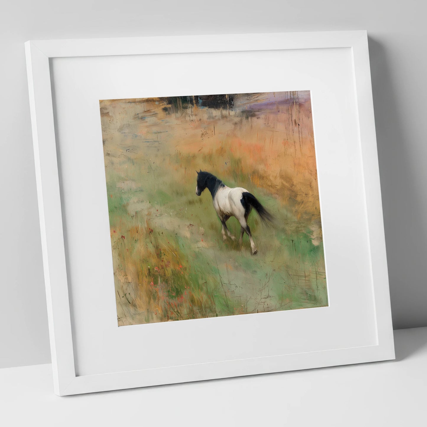 Wandering Piebald horse landscape art print in white frame