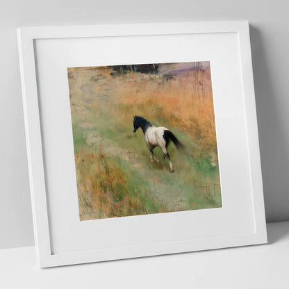 Wandering Piebald horse landscape art print in white frame