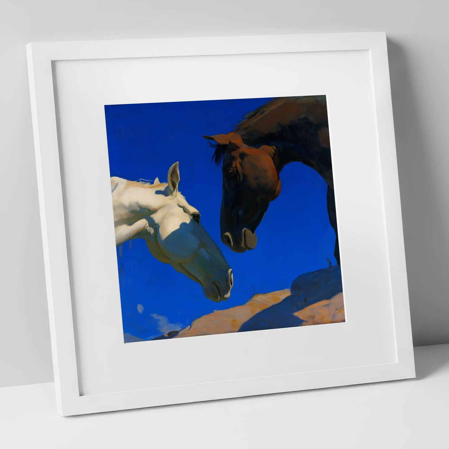 Cobalt Sky Companions horse portrait art print in white frame