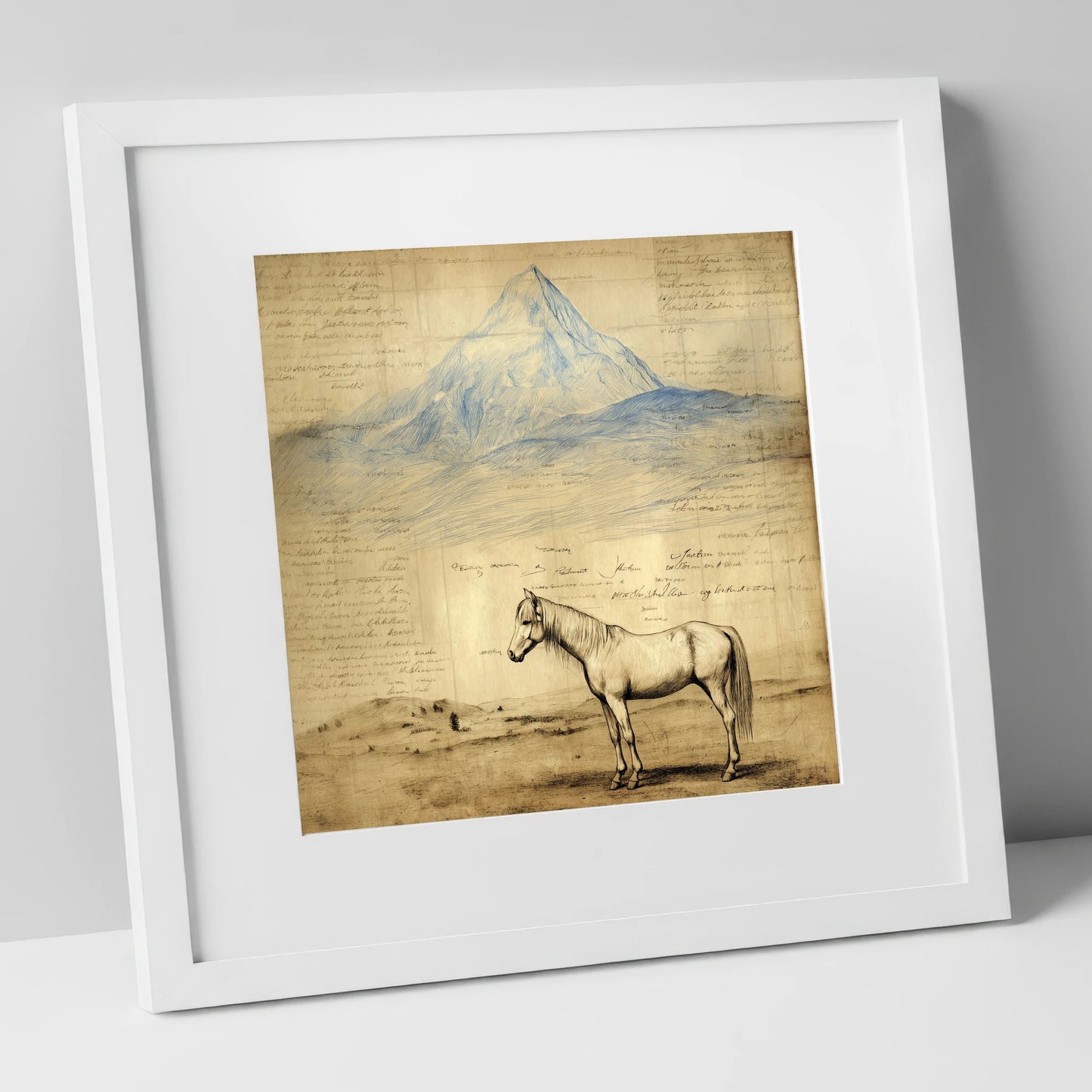 Alpine Journal Study horse landscape art print in white frame