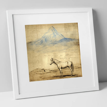 Alpine Journal Study horse landscape art print in white frame