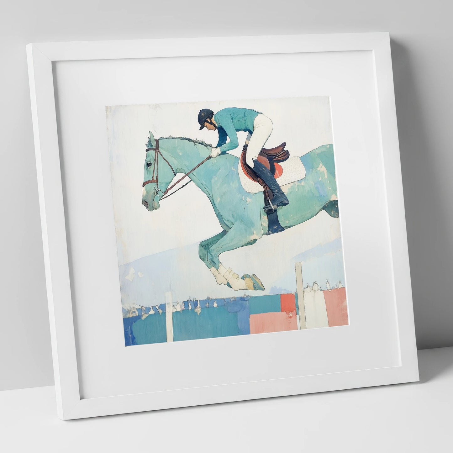 Aquamarine Ascent show jumping horse art print in white frame