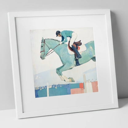 Aquamarine Ascent show jumping horse art print in white frame