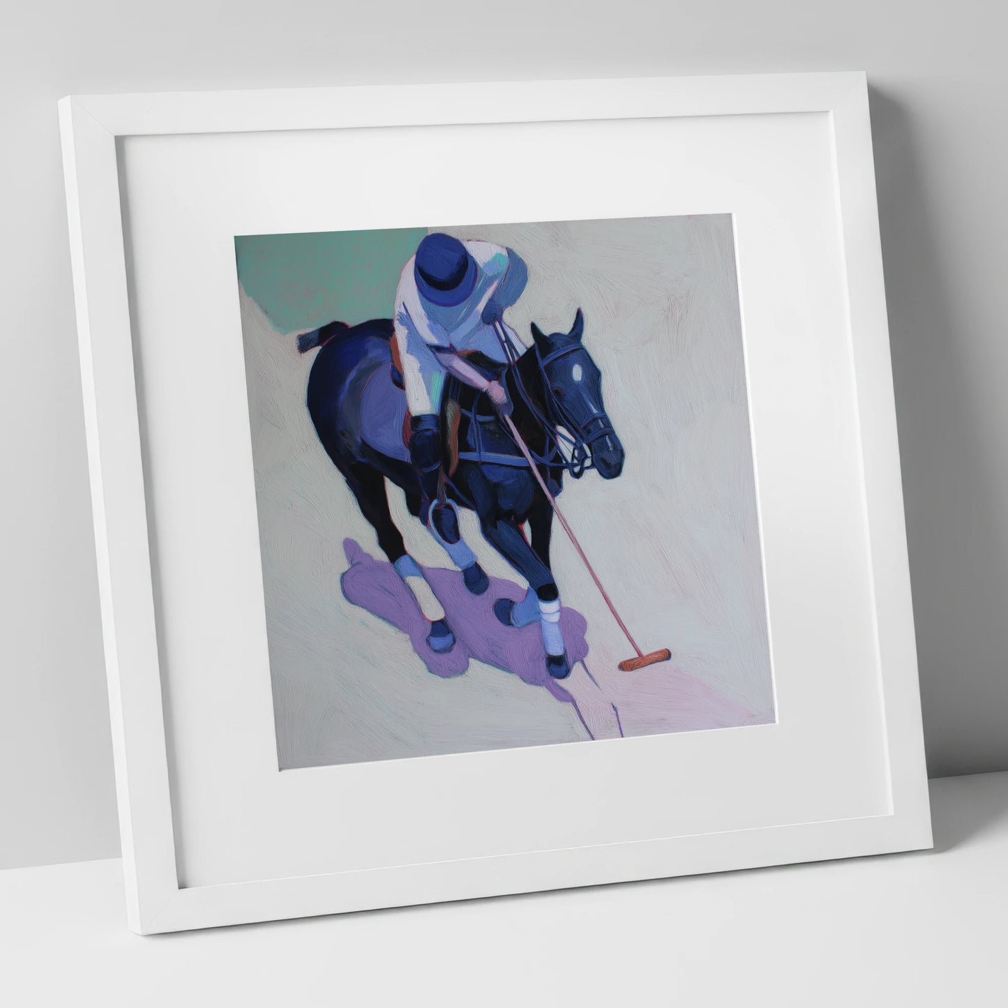 The Indigo Swing polo horse art print in white frame