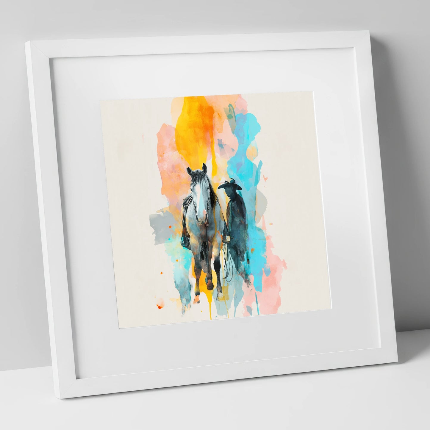 Vibrant Frontier Bond western horse art print in white frame