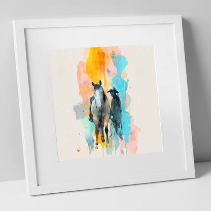 Vibrant Frontier Bond western horse art print in white frame